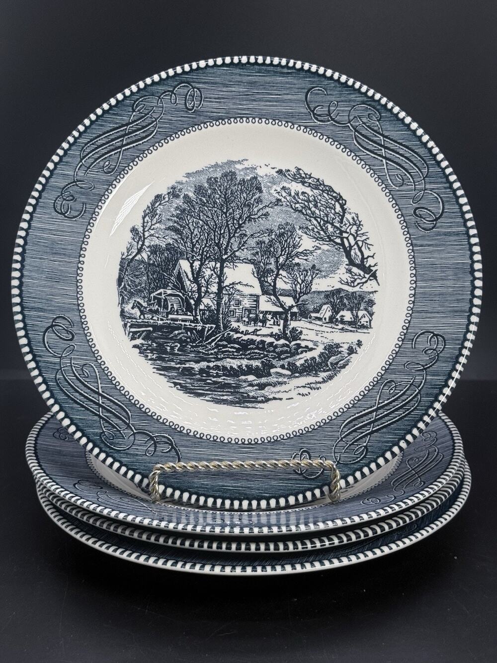 Royal China - Currier & Ives - The Old Grist Mill - (4) 9 1/8" Luncheon Plates